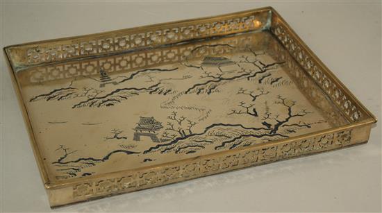 A Chinese Paktong and black enamel scholars desk tray, 19th century, 33cm